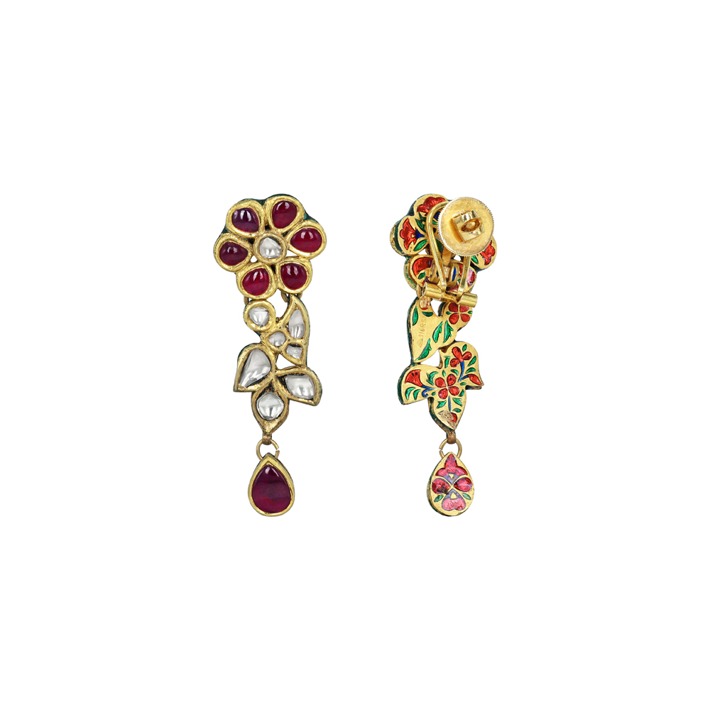 Floral Red Cabochon Earrings with Polki Diamonds and Teardrops